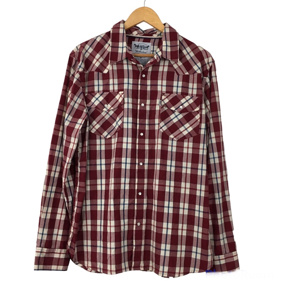Levi’s Red Plaid Pearl Snap Western Casual Button Shirt Men’s Size L